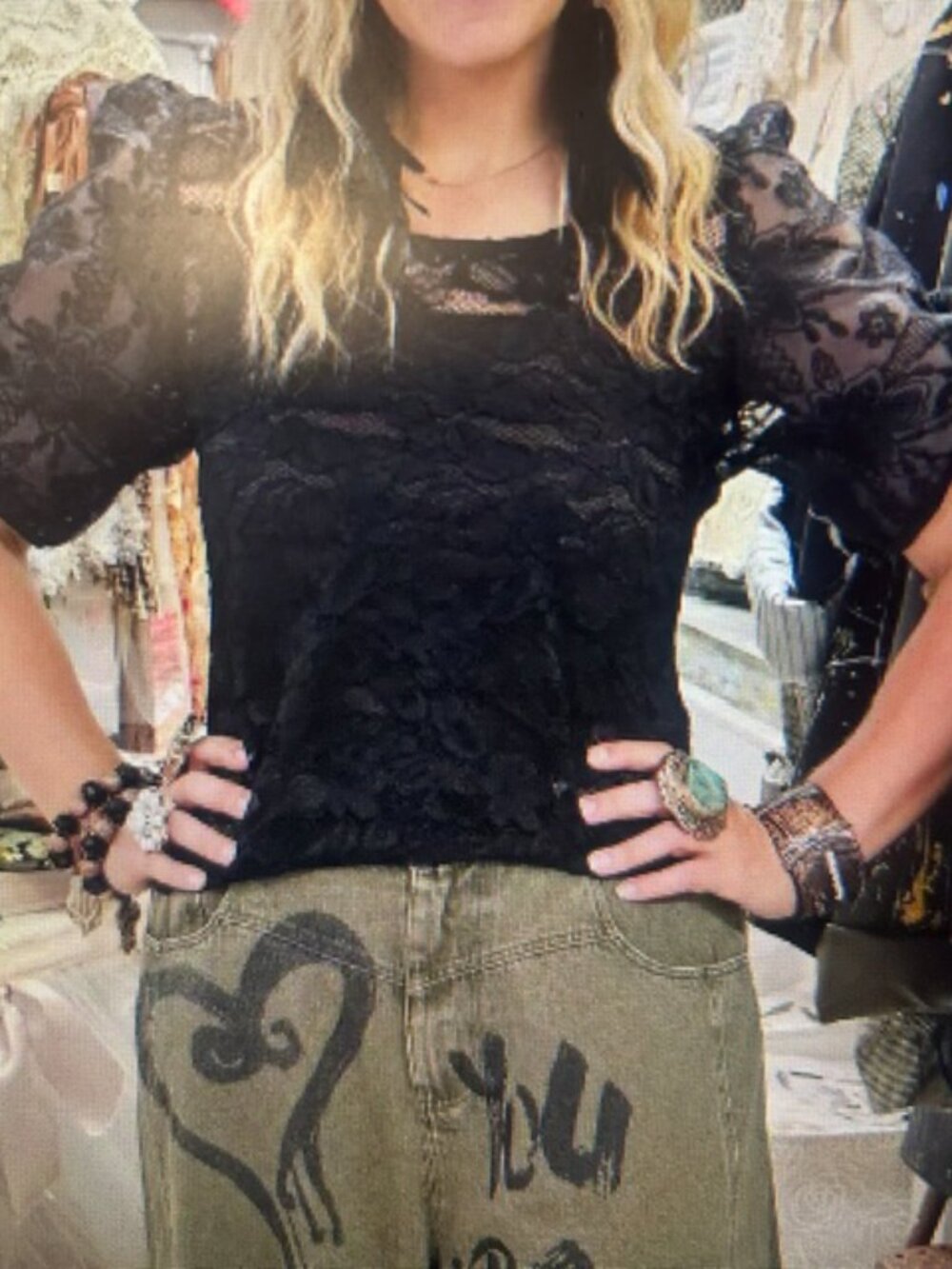 A Rare Bird Hand Made Lush Lace Puff Sleeve Short Miss Hattie Black Top NWT